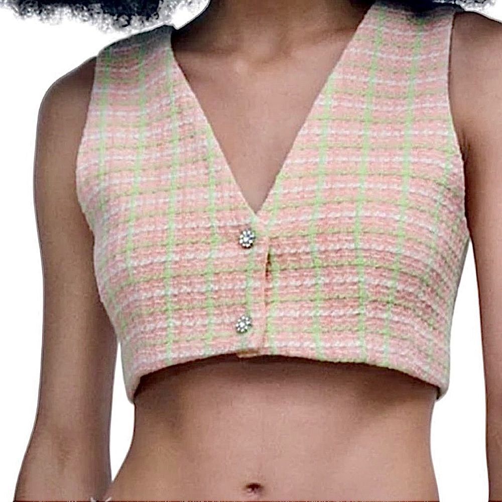ZARA Tweed Crop Top Pink & Green Vest Jewel Buttons Size S • BLOGGER FAVORITE •